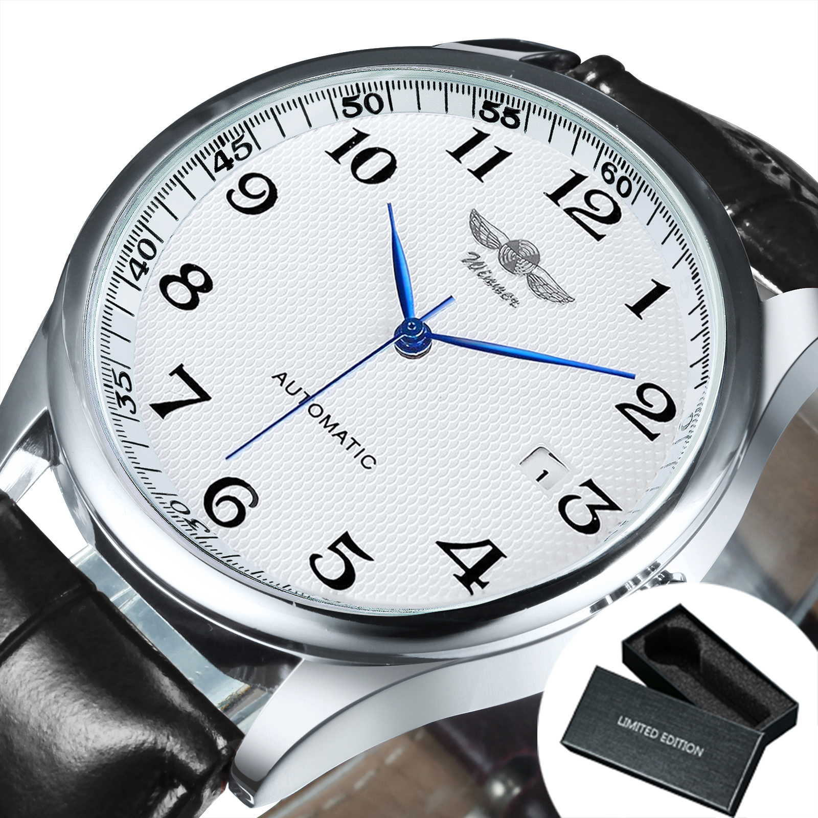 Winner Klassische Business-Armbanduhr für Herren, Retro-Kalender, blaue Zeiger, automatische mechanische Uhren, Top, Luxus-Stahl-Ledergürtel: Mehrfarben