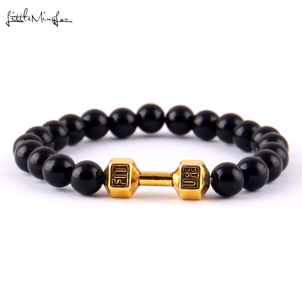 Little Minglittle Fit Life Dumbbell charm fitness bracelet Black Matte stone bead men Bracelets & bangles for women jewelry