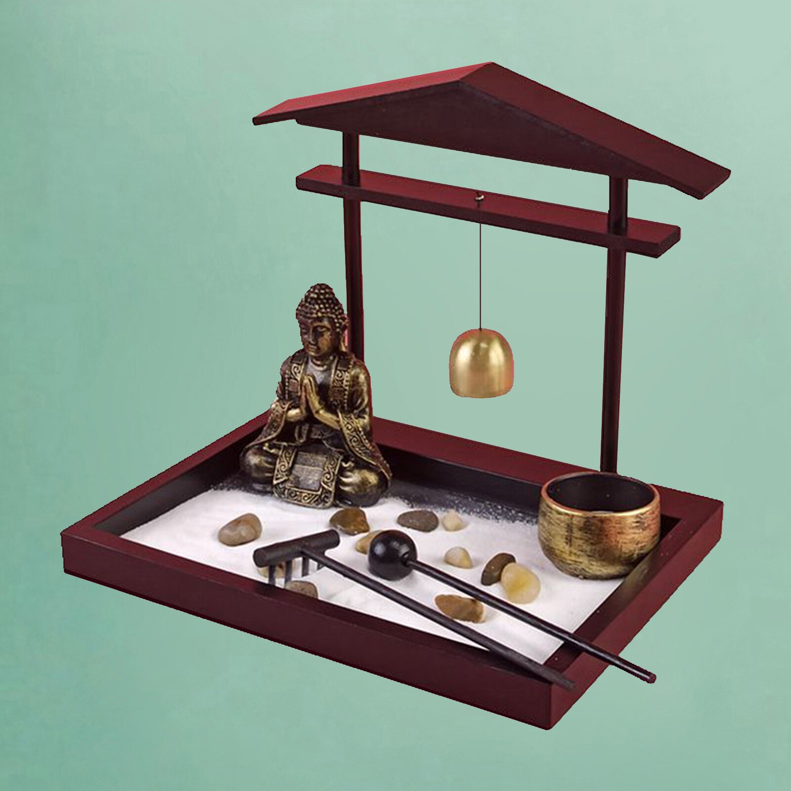 Rock Rake Zen Garden Kit Relaxation Miniature Sand Tray with Buddhist Statue