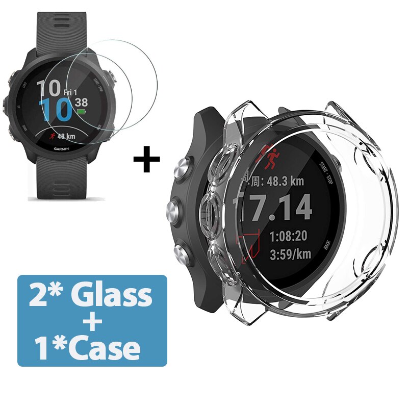 2-In-1 Protector Case + Screen Protector Voor Garmin Forerunner 245 245 Muziek Zacht Tpu Beschermhoes shell Gehard Glas Film: Clear