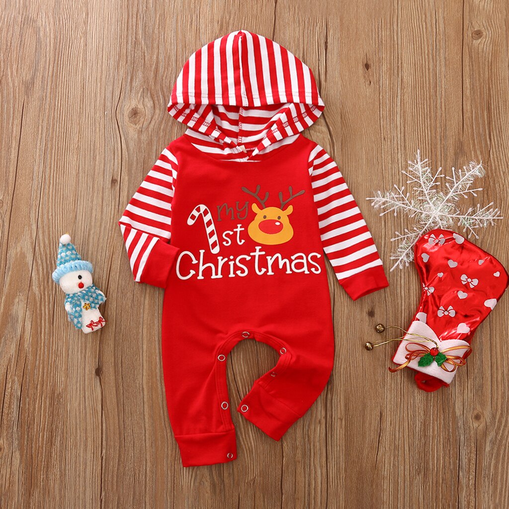 Pasgeboren Jongens Meisjes Kerst Jumpsuits Hooded Hals Streep Lange Mouw Cartoon Lange Romper Overall Kleding Ropa De Bebe