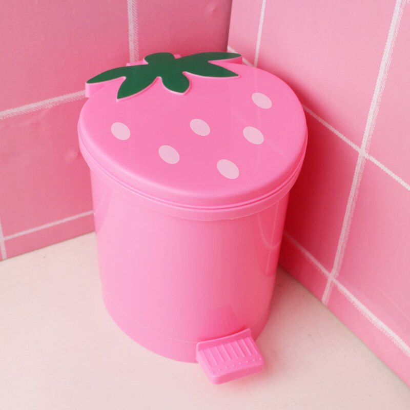 Cute Pink Red Strawberry Waste Bin Desktop Portable Plastic Mini Garbage Basket Home Bedroom Storage Bucket Trash Can With Lid