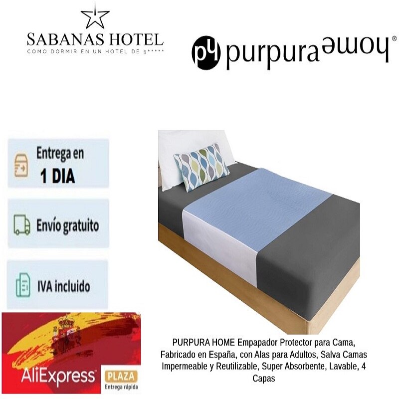 PURPURA HOME Empapador Protector para Cama, Fabricado en España, con Alas para Adultos, Salva Camas Impermeable y Reutilizable, Super Absorbente, Lavable, 4 Capas