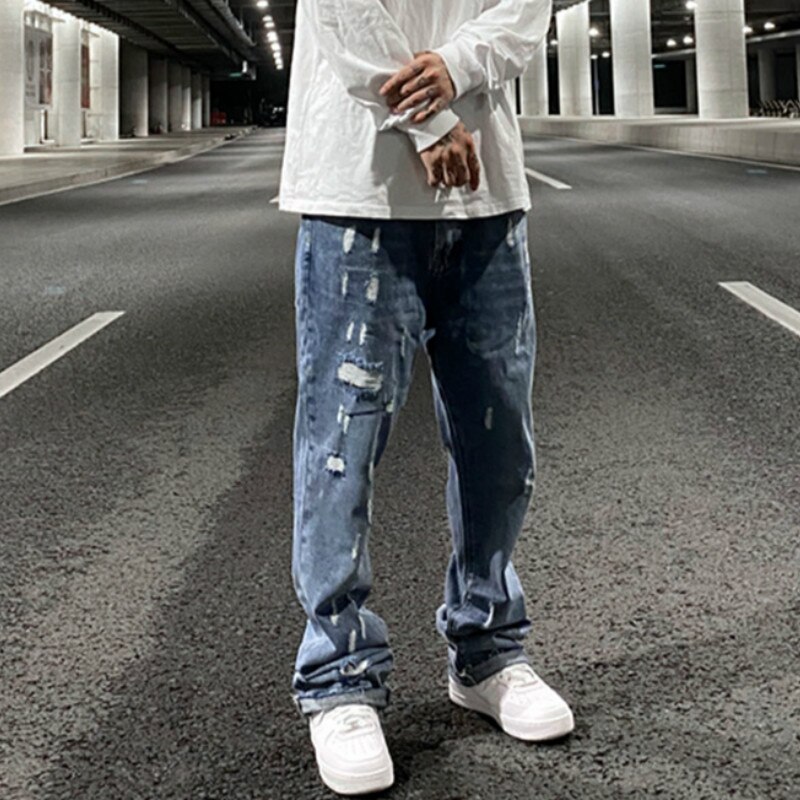 Hommes Denim Flare pantalon Patchwork déchiré trous pantalons décontractés automne hiver Streetwear Hip Hop pantalons longs Joggers jean
