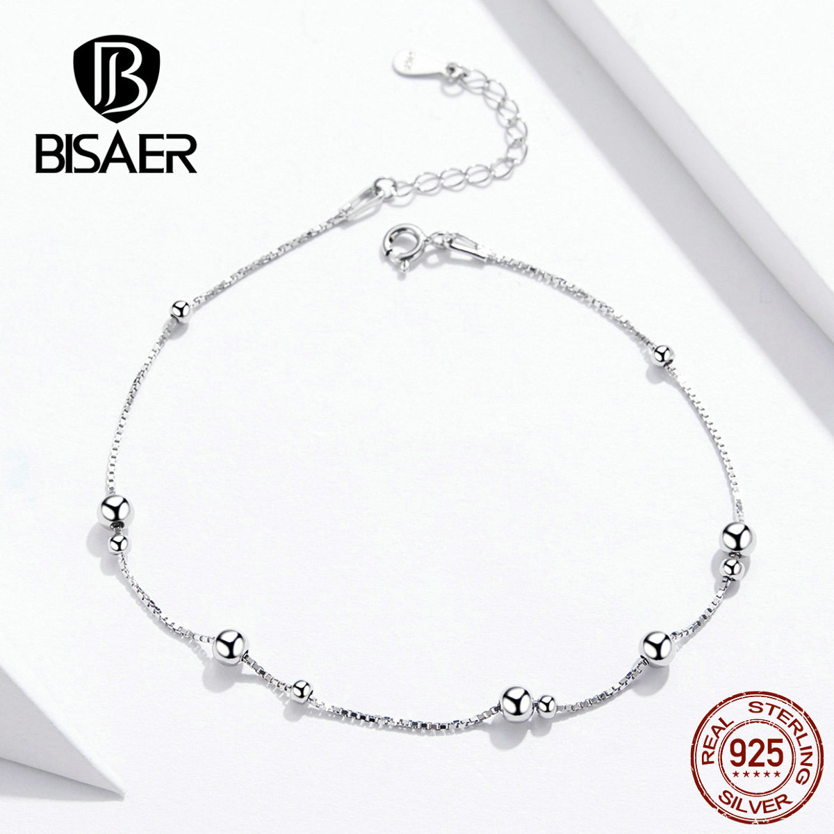 Bisaer 100% 925 Sterling Silver Anklet Round Ball Pendants Simple Summer Jewelry Style Anklets For Women GXT005