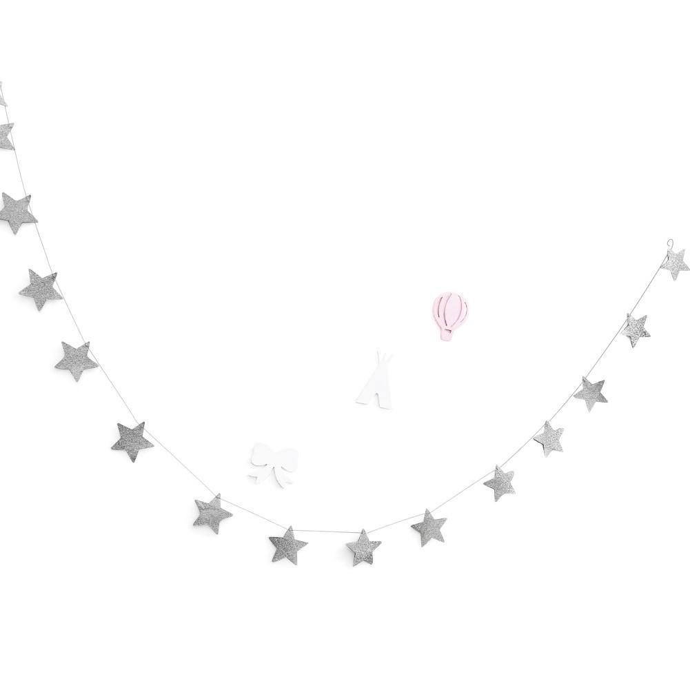 Guirnalda de estrellas de papel para colgar en la pared, cadena de 2m de largo, sonajero para bebé, pancarta hecha a mano, decoración del hogar para habitación de niños: Silver