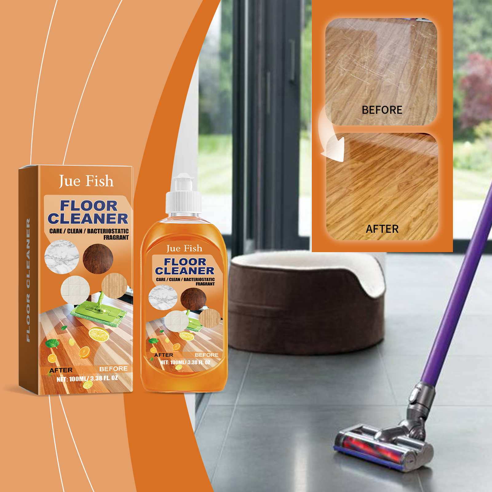 Gulvrens; tregulvsrens, polerings- og hvitemiddel, kraftig smuss- og skittfjerner for fliser