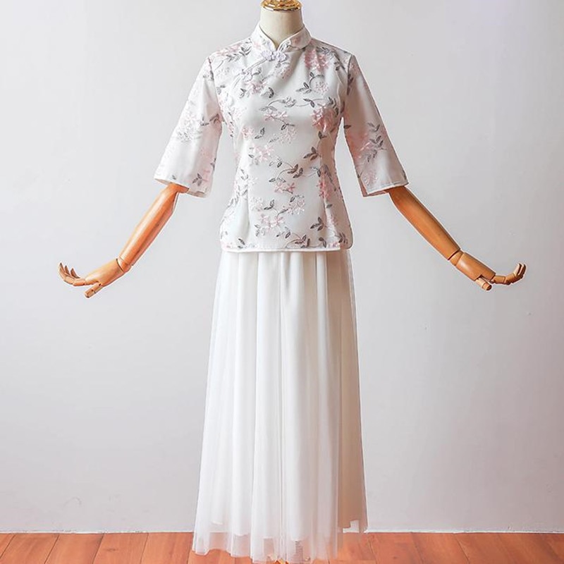 2 stykker/sett halvermet broderi vintage moderne tradisjonell kinesisk kjole qipao cheongsam kinesiske brudepikekjoler