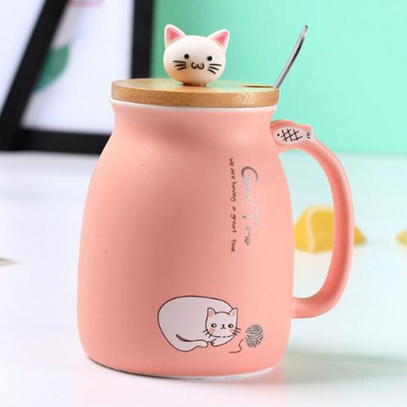BAISPO-taza de gato con tapa, Taza de cerámica portátil, taza para café o leche, de oficina para niños, taza creativa con cuchara y tapa ecológica: pink