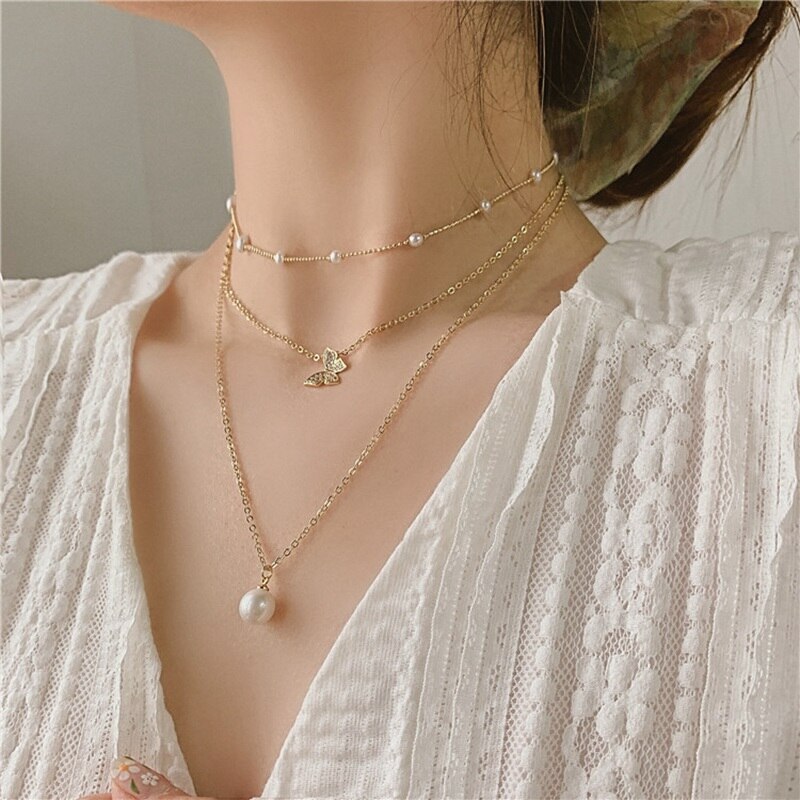 MENGJIQIAO Korean Cute Zircon Butterfly Choker Necklace For Women Multi Layer Pearl Short Collares Jewelry Kolye: Default Title