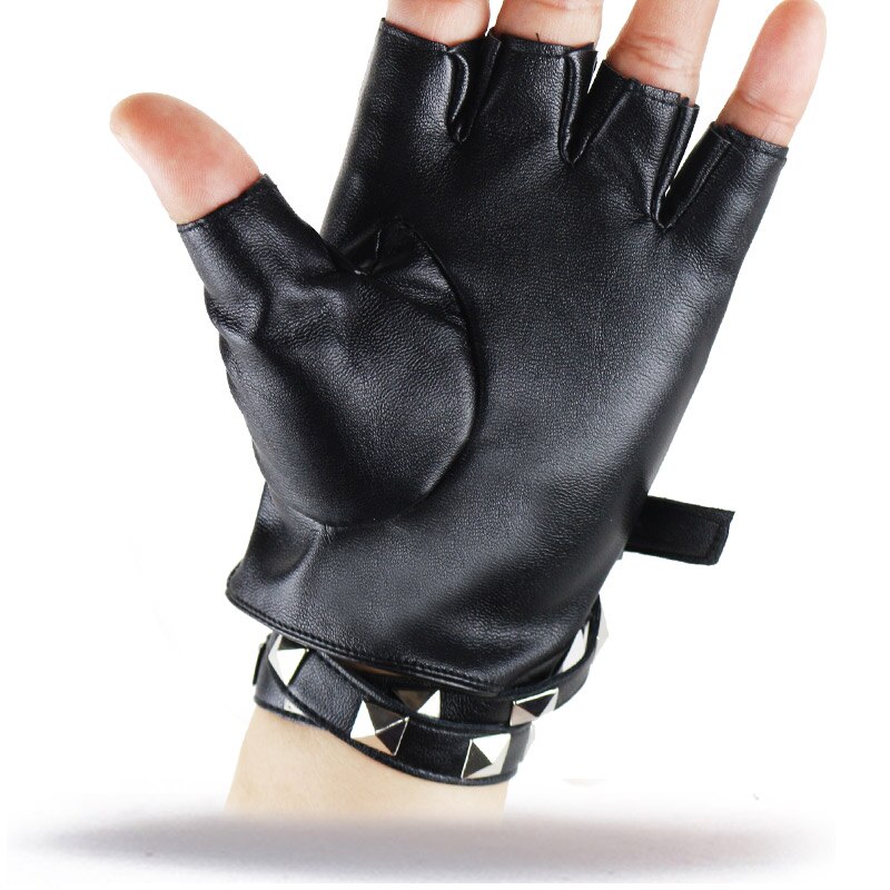 Longkeeper 1 par halvfinger pu læderhandsker kvinder rock punk stil nitte fingerløse sorte handsker luvas luvas