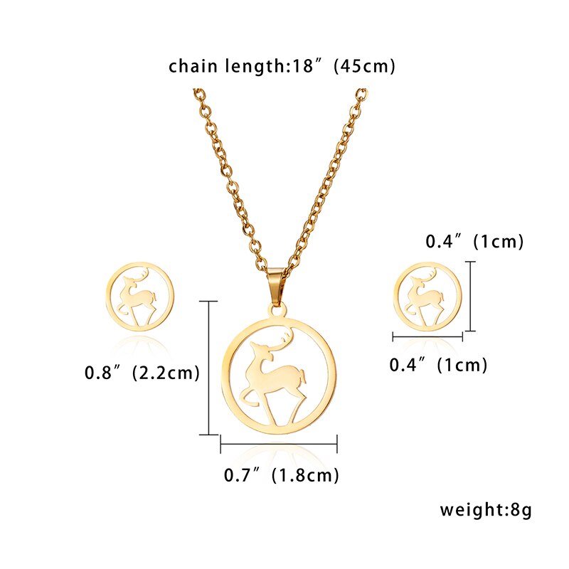 Rinhoo Cute Cat Pig Horse Gold Color Stainless Steel Sets Pineapple Heart Deer Necklace Earrings Jewelry Set Wedding Jewelry: deer