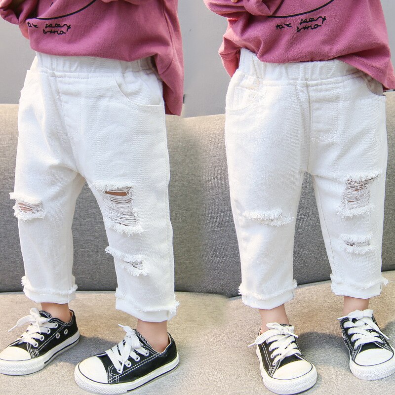 Spring girls white loose ripped jeans toddler kids casual all-match denim pants