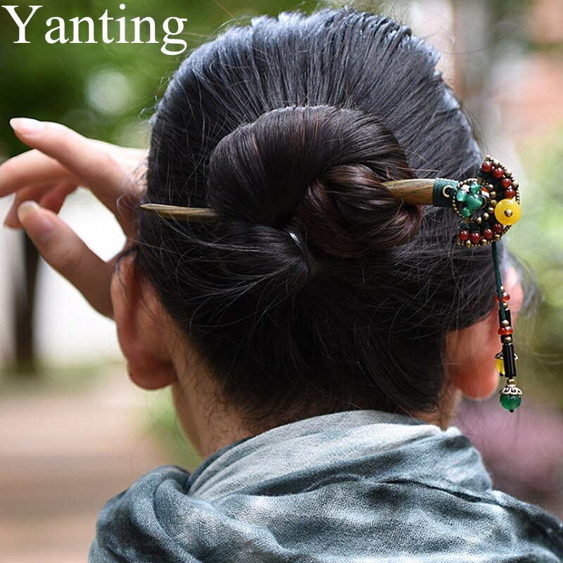 Yanting Ethnische Grün Sandelholz Haar Sticks Für Frauen Rot Gelb Stein Quaste Haarnadeln Vintage Handgemachte Haar Schmuck 031