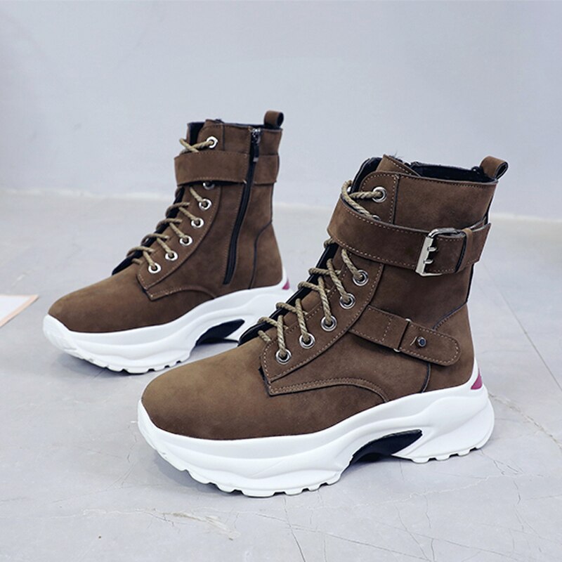 Grande taille en peluche bottes d'hiver grosses baskets bottines femmes chaussures femme à lacets fermeture éclair boucle épaisse semelle plate-forme chaussures: Khaki / 8.5