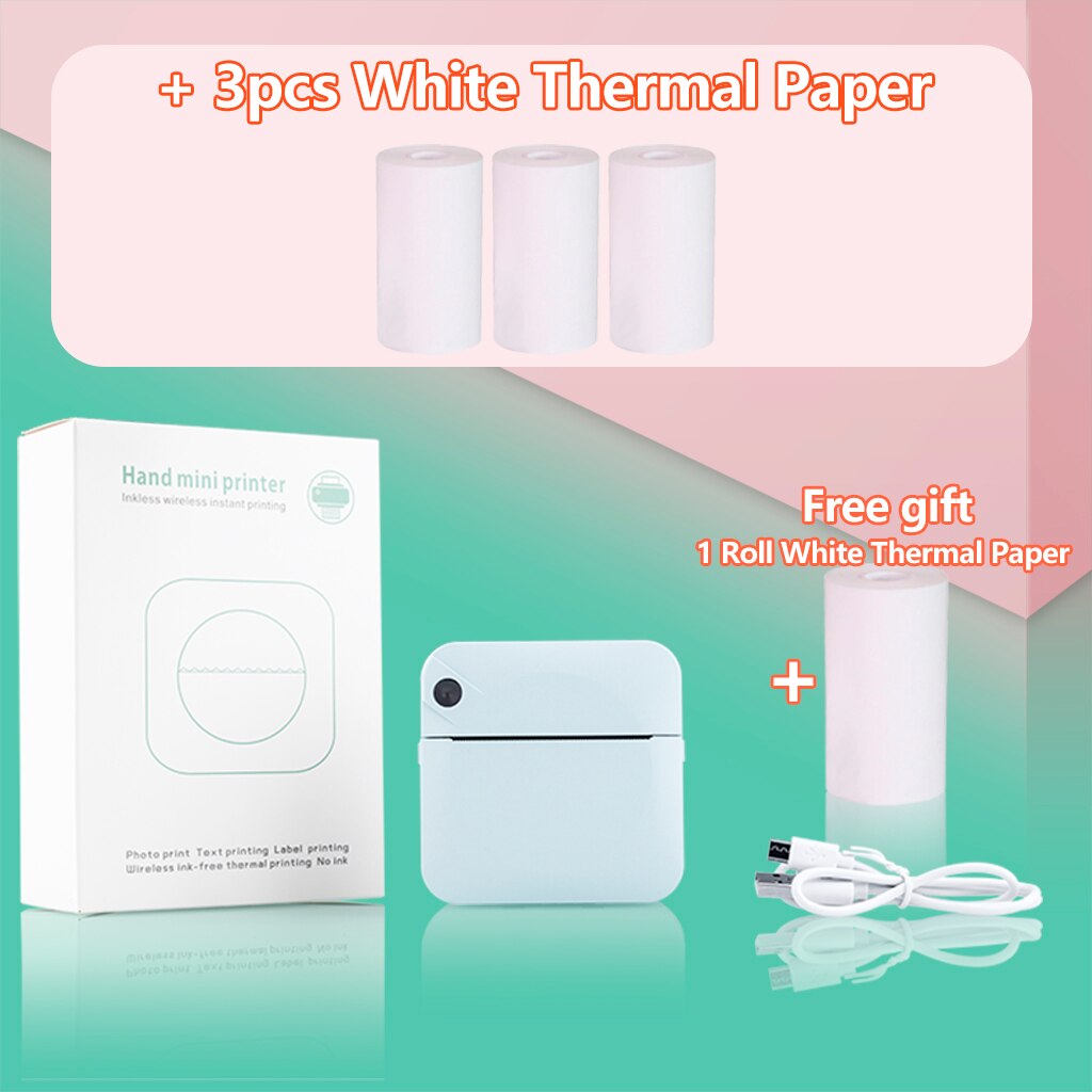 Portable Mini Printer Pocket Printer Student Note Printer Photo Text Bar Code Printer: Blue 3 White Paper