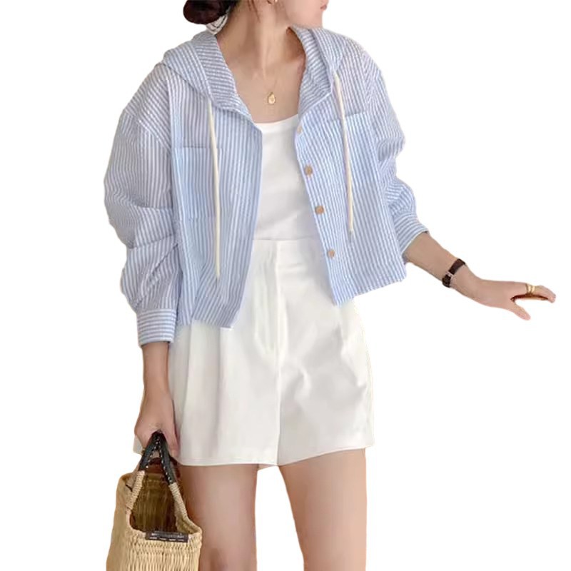 Dameskjorter sommer stribet løs afslappet alsidig enkeltradet langærmet solbeskyttelse hættetrøje cardigan top: Xxl / Beige