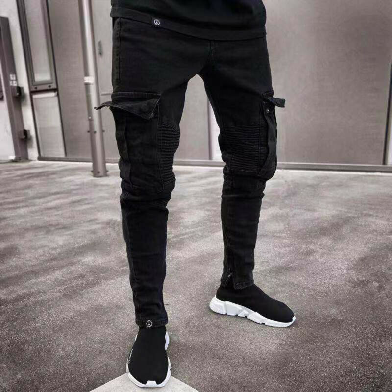 Black Jean Men Denim Skinny Biker Jeans Destroyed Frayed Slim Fit Pocket Cargo Pencil Pants Plus Size S-3XL Hip Hop