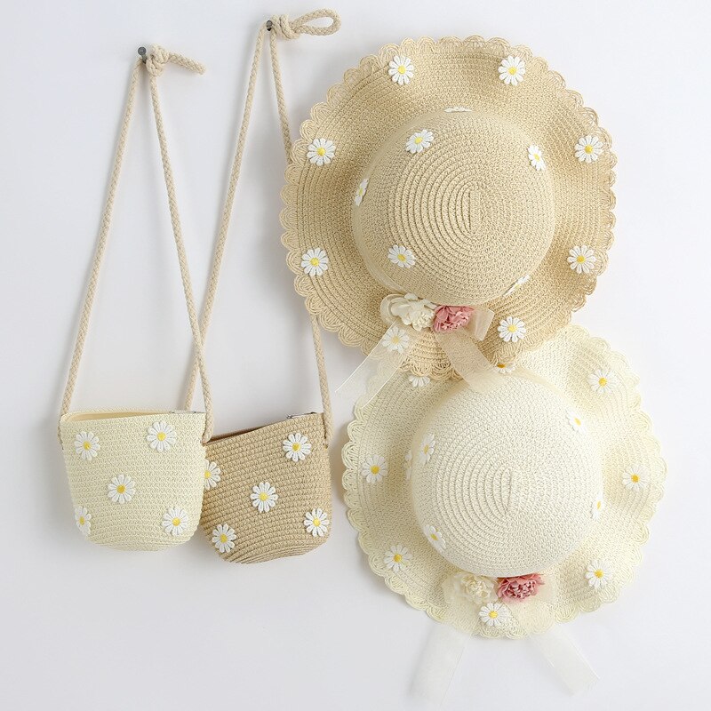 Zomer Meisje Strooien Hoed Tas Set Zon Cap Outdoor Kids Ademend Strand Hoeden Chrysant Zoete Prinses Seaside Panama Hoed