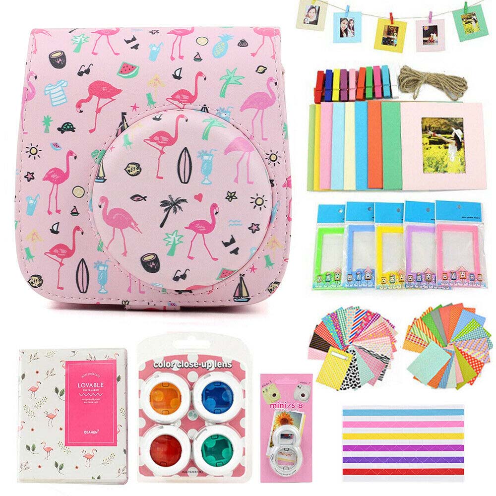 Fujifilm Instax Mini Case Bag Camera Accessories Kit Photo Album Lens Filters Stickers For Instax Mini 8 Mini 9 Instant Camera: Flamingo Pink