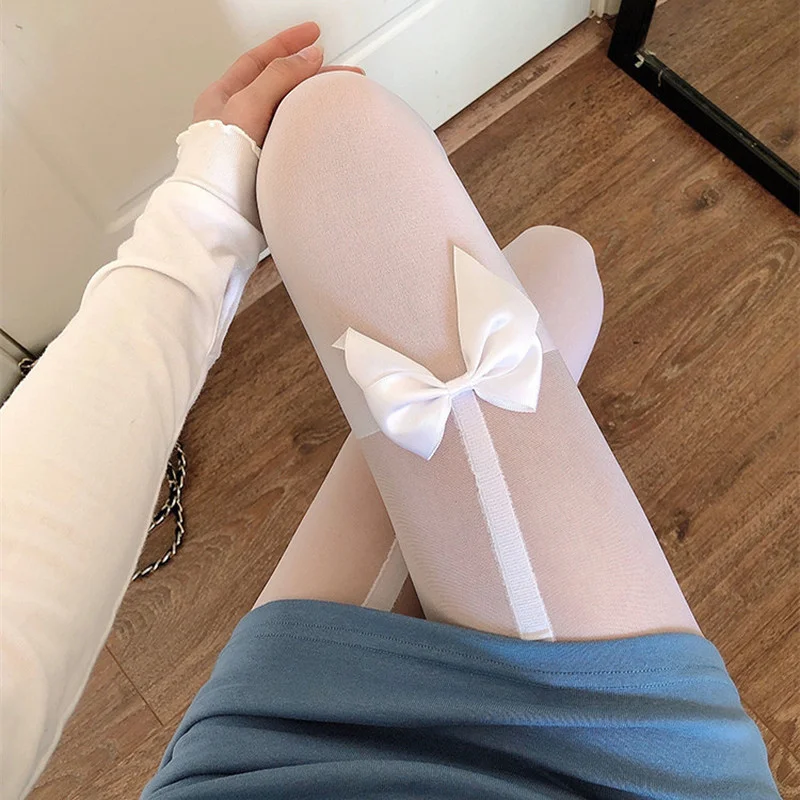 Pantimedias sexys de nailon para mujer, medias con lazo, Lolita, pantimedias de rejilla sin costuras, medias femeninas de estilo japonés, negro: Negro