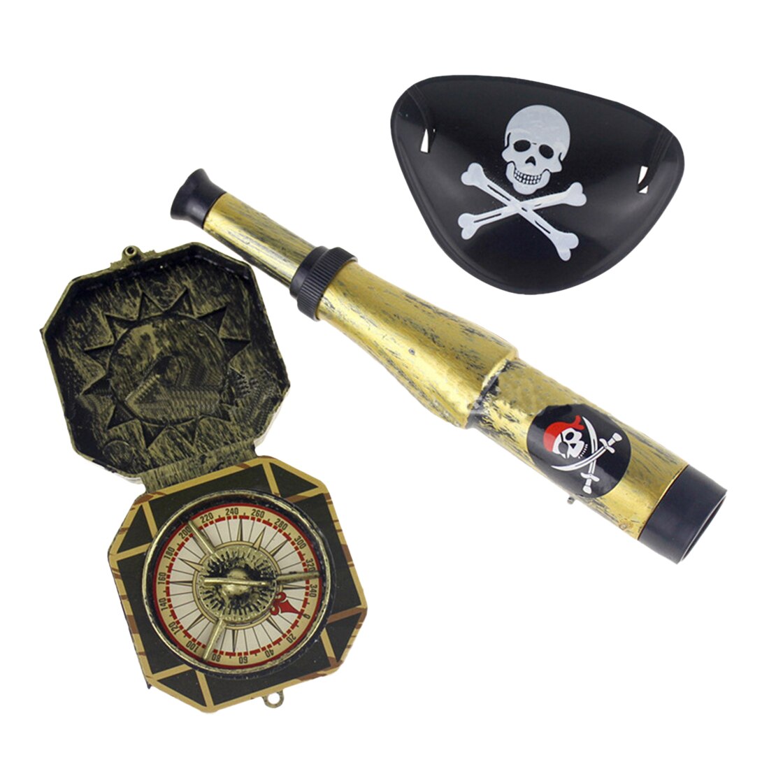 3Pcs Kinderen Kid 'S Pirate Party Speelgoed Leverancier Plastic Pirate Patch Met Schedel Dress Up Prop Kompas Mini Telescoop halloween