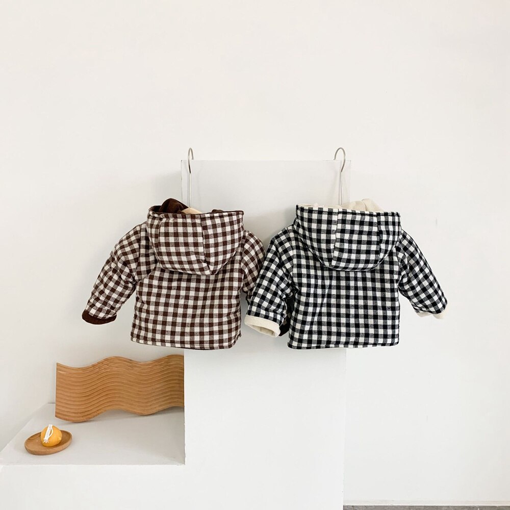 Warm Winter Baby Meisjes Jongens Jas Kids Zuigelingen Corduroy Uitloper Kinderen Plaid Hooded Thicken Jassen Casacos Twee Side Wear S11821