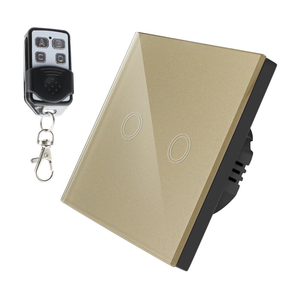 Interruptor táctil LED con 1/2/3 entradas, 220V, Sensor estándar para UE/RU, interruptor inalámbrico para lámpara de pared con Control remoto, Panel de vidrio templado de 433MHz: Gold 2 gang Remote