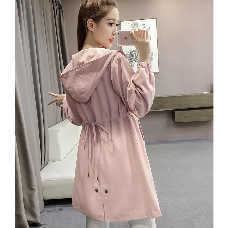 Kvinders trenchcoat forår efterår kvindelige outwear kausal lange ærmer med hætte slim dame vindjakke  q90