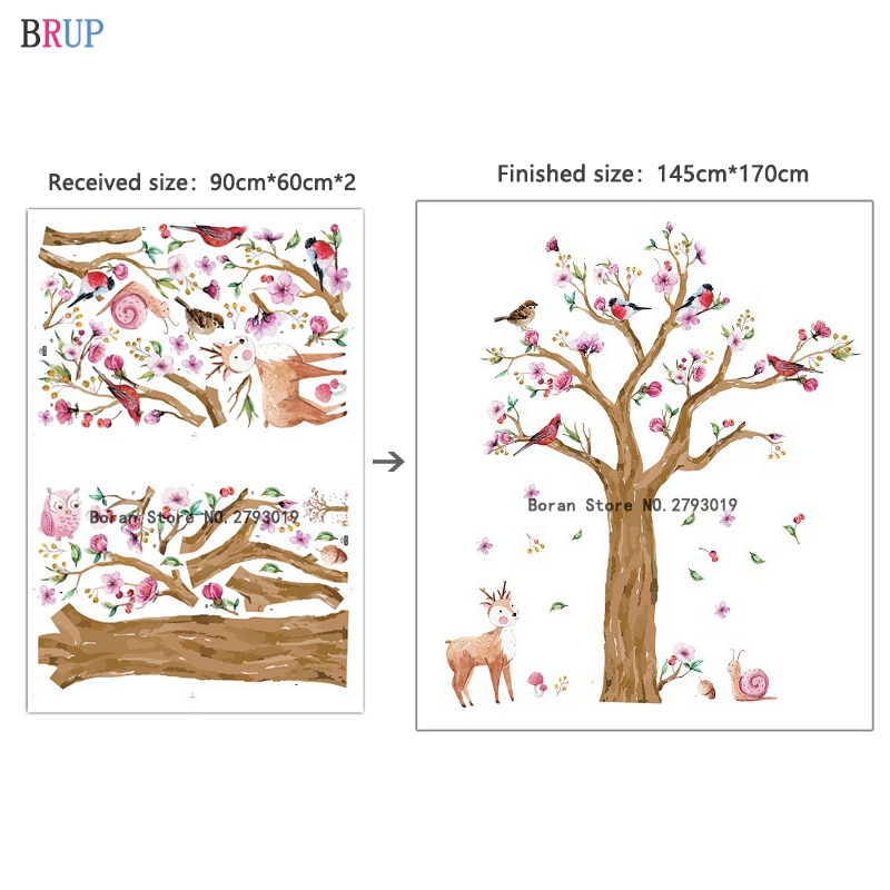 145*170cm tegneserie dyr træ væg klistermærke til børneværelse håndmalet akvarel fugle hjorte tapeter dejlig blomst væg klistermærke