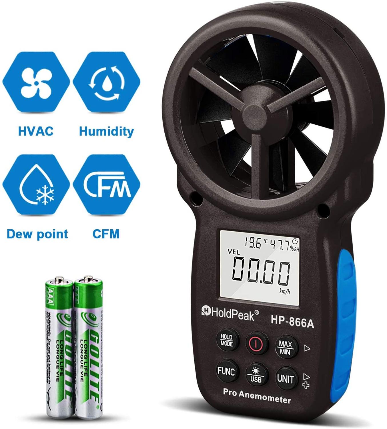 HoldPeak HP-866A 0.3~40m/s Anemometer Wind Speed Meter Portable Air Flow Tester USB Interface Handheld -10~60&amp;#39;C Temperature Test