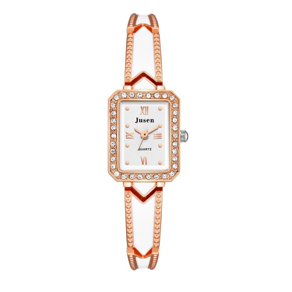 Rechthoekige dameshorloges met diamant, luxe roestvrijstalen dameshorloge met quartzhorloge, kwaliteiten, roma wijzerplaat, dameshorloge: Roségoud wit