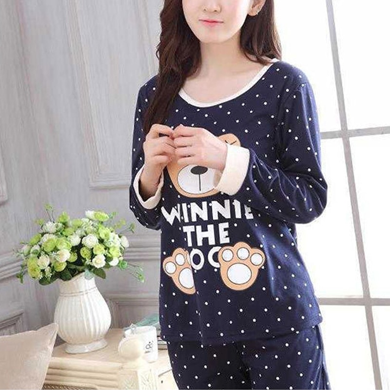 Women Long Sleeve Bear Print Tops And Pants Wave Point Pajamas Set Sleepwear JUN14