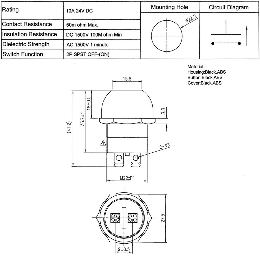 Waterproof Switches Momentary Push Button Switches OFF ON Reset Push Button Switch Black for Car Boat (12~24V/10A)