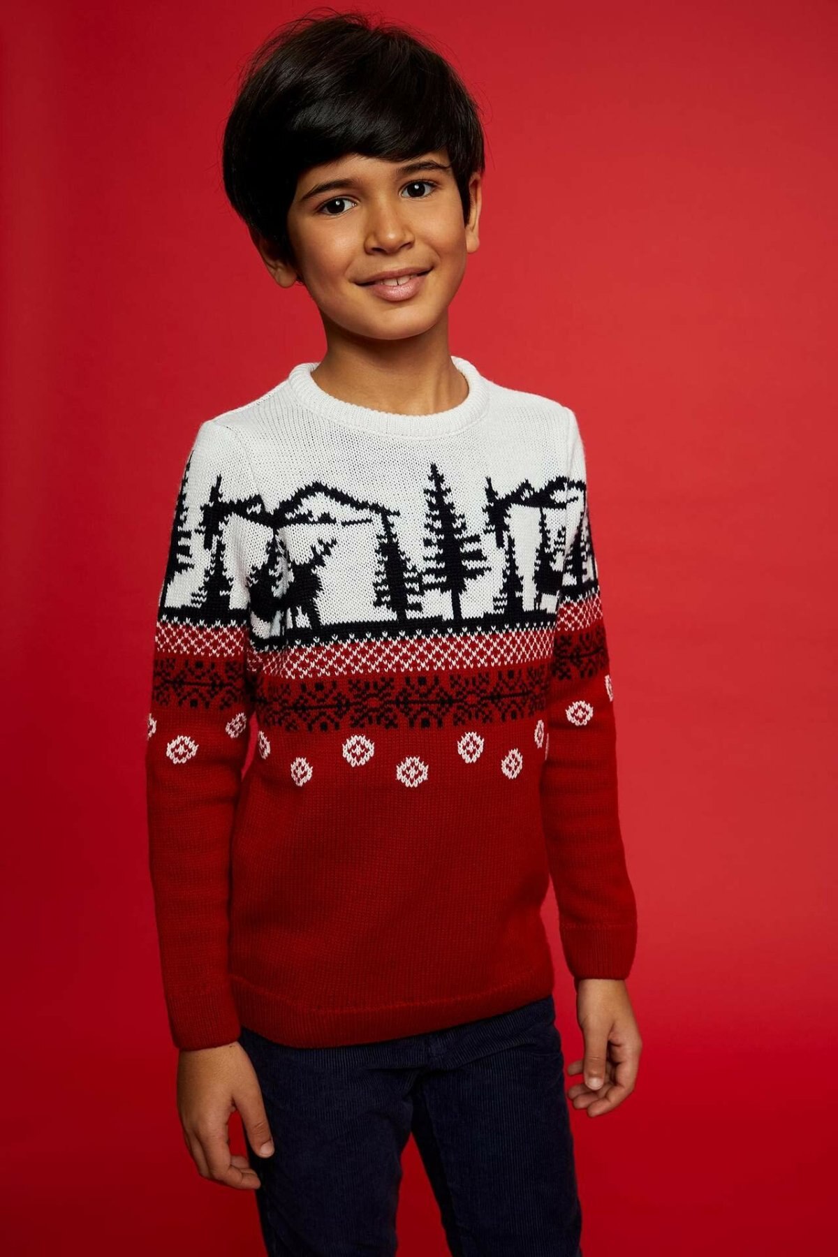 Defacto Jongen Winter Xmas Gebreide Rode Truien Jongens Toevallige Lange Mouw Trui Tops Kids Kerst Herten Print Pullover-L8432A619CW