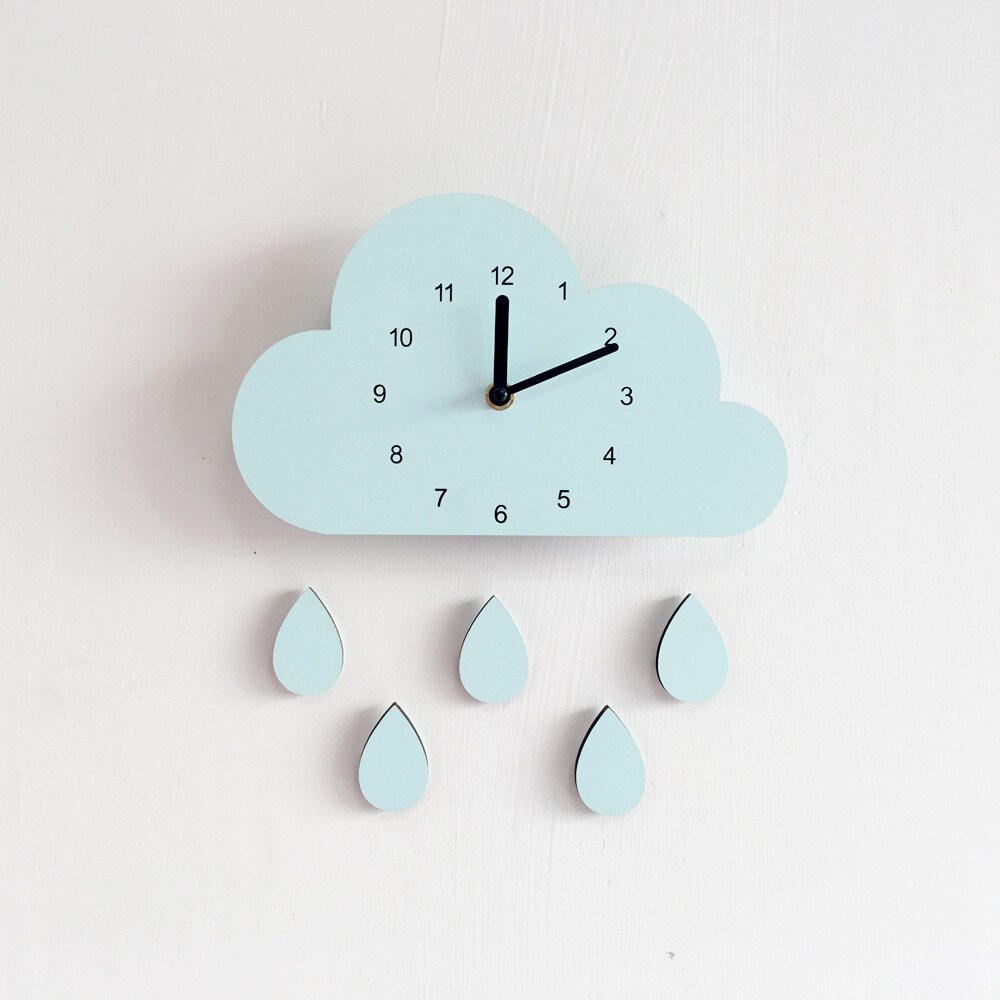 Kids Slaapkamer Wandklok Leuke Cloud Raindrop 3D Wandklokken Voor Kinderkamer Klok In De Nursery Houten Duurzaam Kind home Decor: Blue