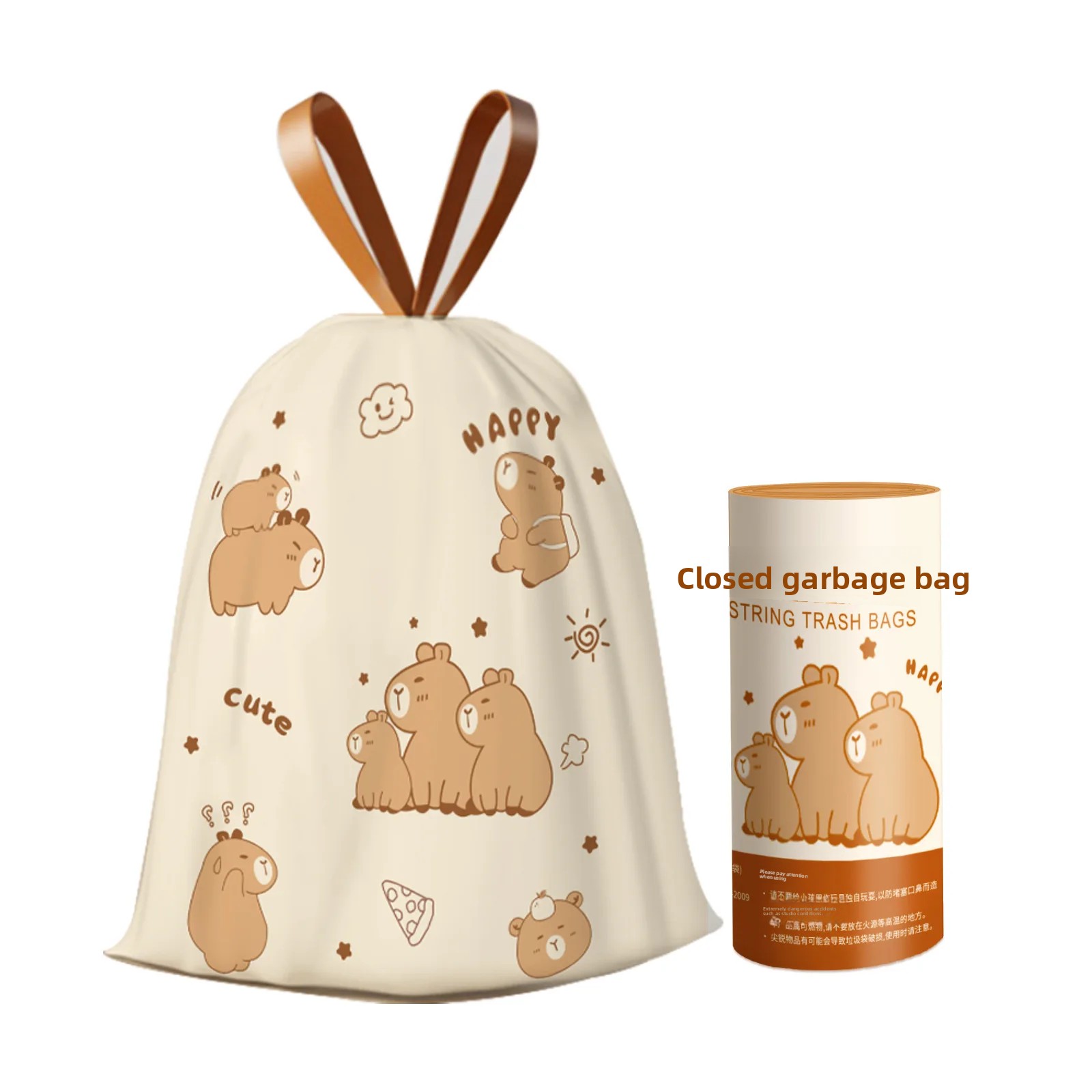 Thickened Handheld Drawstring Kitchen Cleaning Plastic Bags Large Size Cartoon Printing Garbage Bags Household Essential