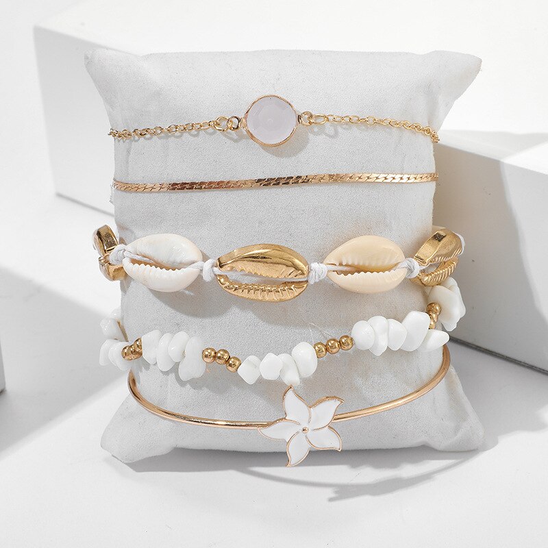 DIEZI, Nuevos Bohemios de , juegos de brazaletes chapados en oro blanco con flor para mujer, pulseras de cristal hechas a mano de Cuentas de concha, brazaletes, joyería