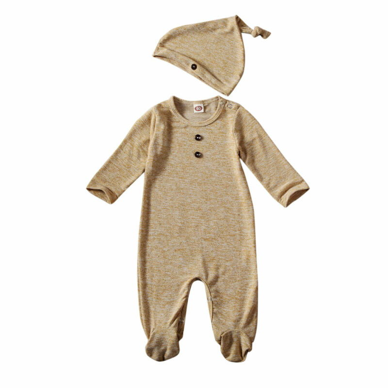 Pasgeboren Baby Baby Kids Jongen Meisje Knop Lange Mouwen Footies Jumpsuit Hoed 2 stuks Lente Herfst Outfits set Kleding