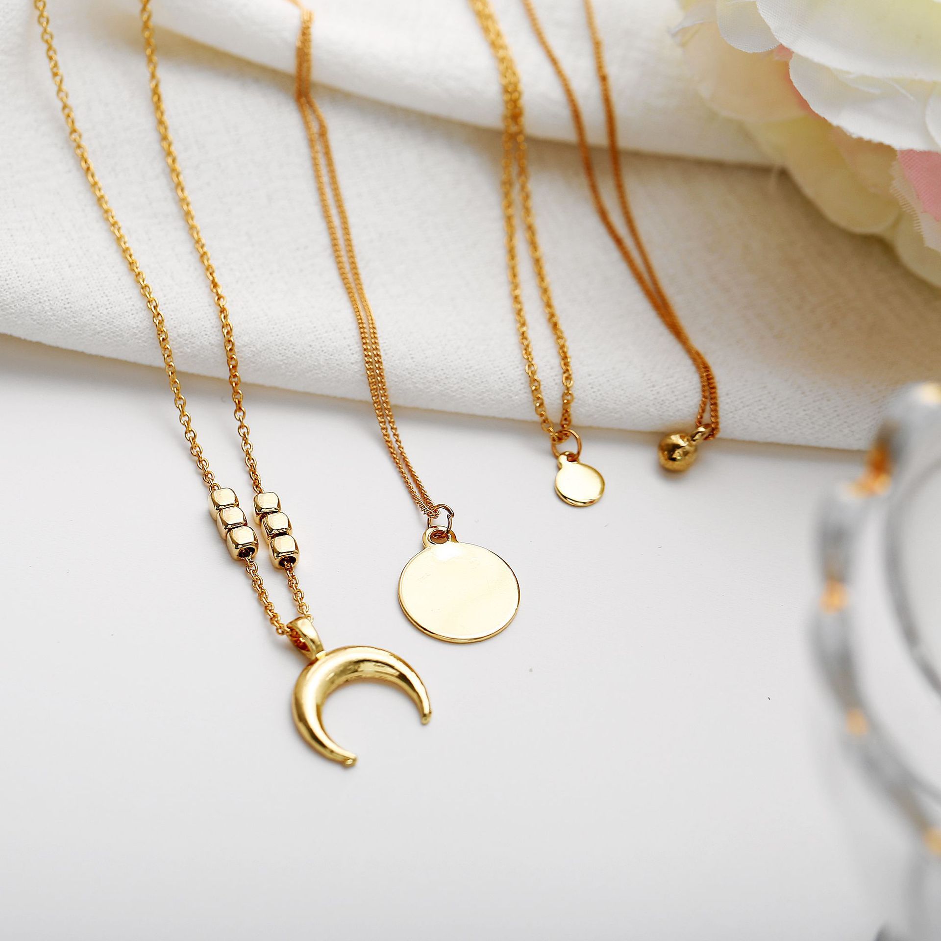 European and American Popular Alloy Clavicle Chain Retro Multi-Layer Moon Wafer Pendant Necklace