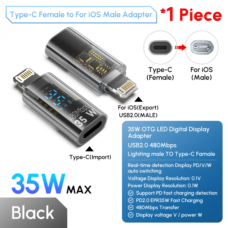 Adaptador de cargador Lightning hembra a USB C de 35W para IPhone 15 14 13 12 Pro Max tipo C conector de probador de potencia de carga de 8 pines: Blanco
