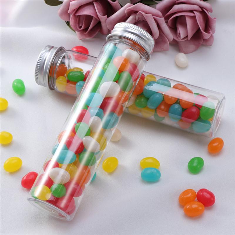 12 stk fladbundede plastik klare reagensglas med skruehætter slik kosmetiske rejsebeholdere  (10 stk rør , 2 stk tragt)
