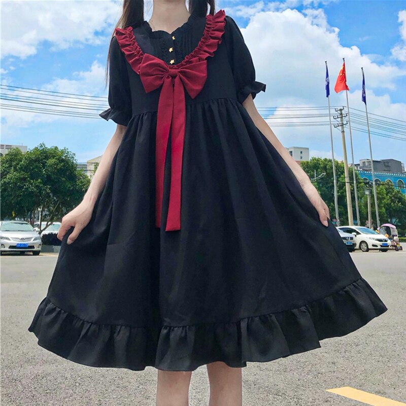 Gothic Lolita Jurk Japanse Dark Harajuku Mode Zoete Strik Dunne Jurk Kawaii Meisje Zomer Stijl