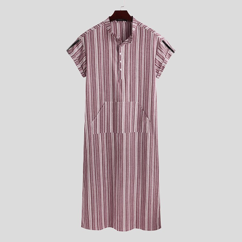 INCERUN Men Jubba Thobe Muslim Clothes Short Sleeve Striped Cotton Stand Collar Casual Robes Islamic Arabic Kaftan Abaya S-5XL: Red / XXL