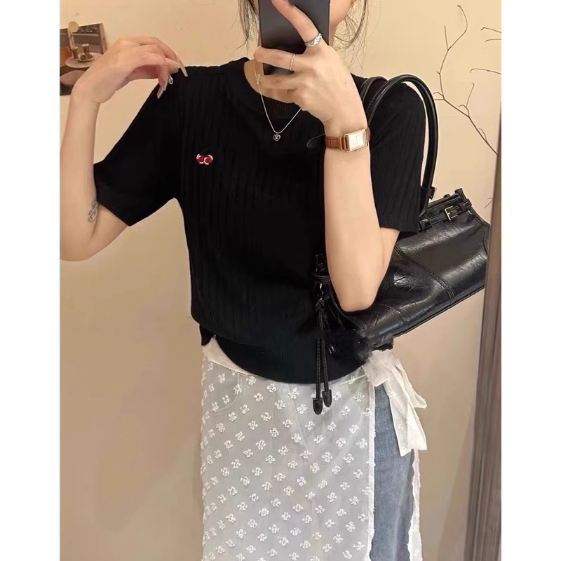 Camisola de caxemira bordada cereja feminina, manga curta, gola redonda, meia manga fina, camiseta de verão, estação europeia: L / Preto