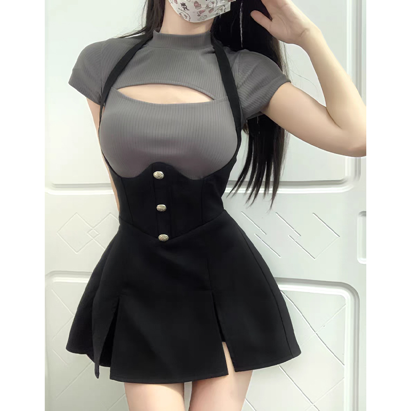 Japanske sexy søte skjørtsett svart kjole dame hul topp klubb fest minikjoler kvinnelig koreansk kjole sommer
