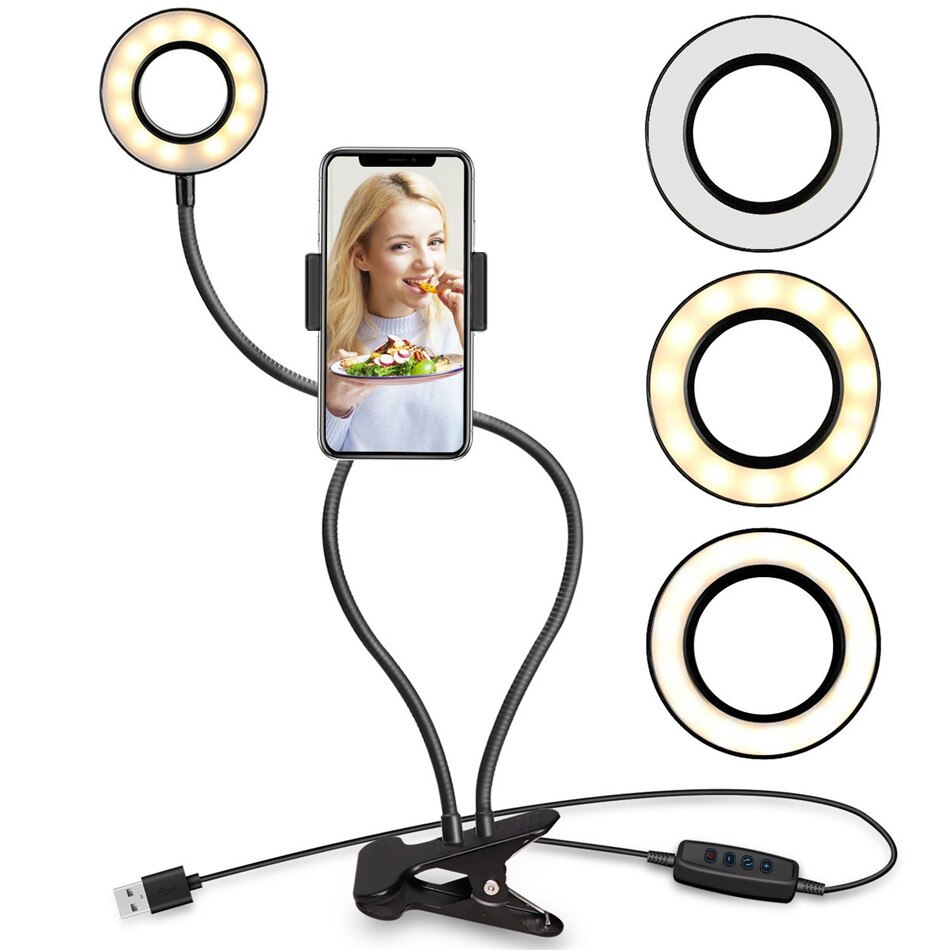flexibel Einbeinstativ Halterung mit LED Ring-Licht Lampe Tabletop Stehen Stative mit praktisch Halfter für Video Blogger: Schwarz