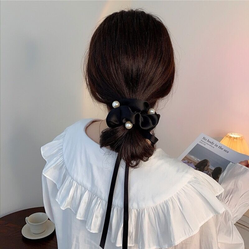 Lazo para el pelo con perlas negras para niña y mujer, banda de goma, coletero para el pelo trenzado, cuerda para el pelo circular, accesorios para el cabello trenzados