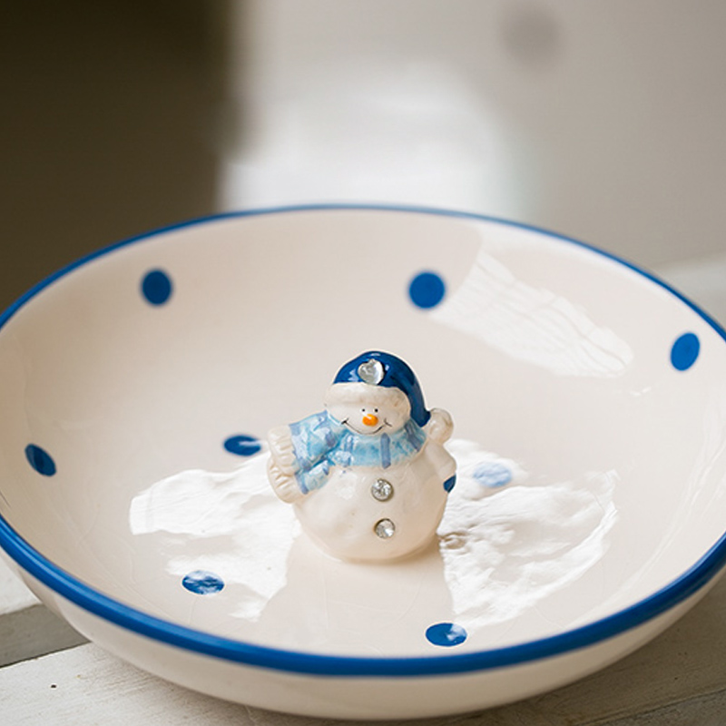 Bol à salade céramique mignon bonhomme de neige | Assiettes à manger, bol à salade artisanat assiette à Snack, bouilloire pot de rangement, assiette d'assaisonnement, vaisselle de noël: B  20.5x4.5cm