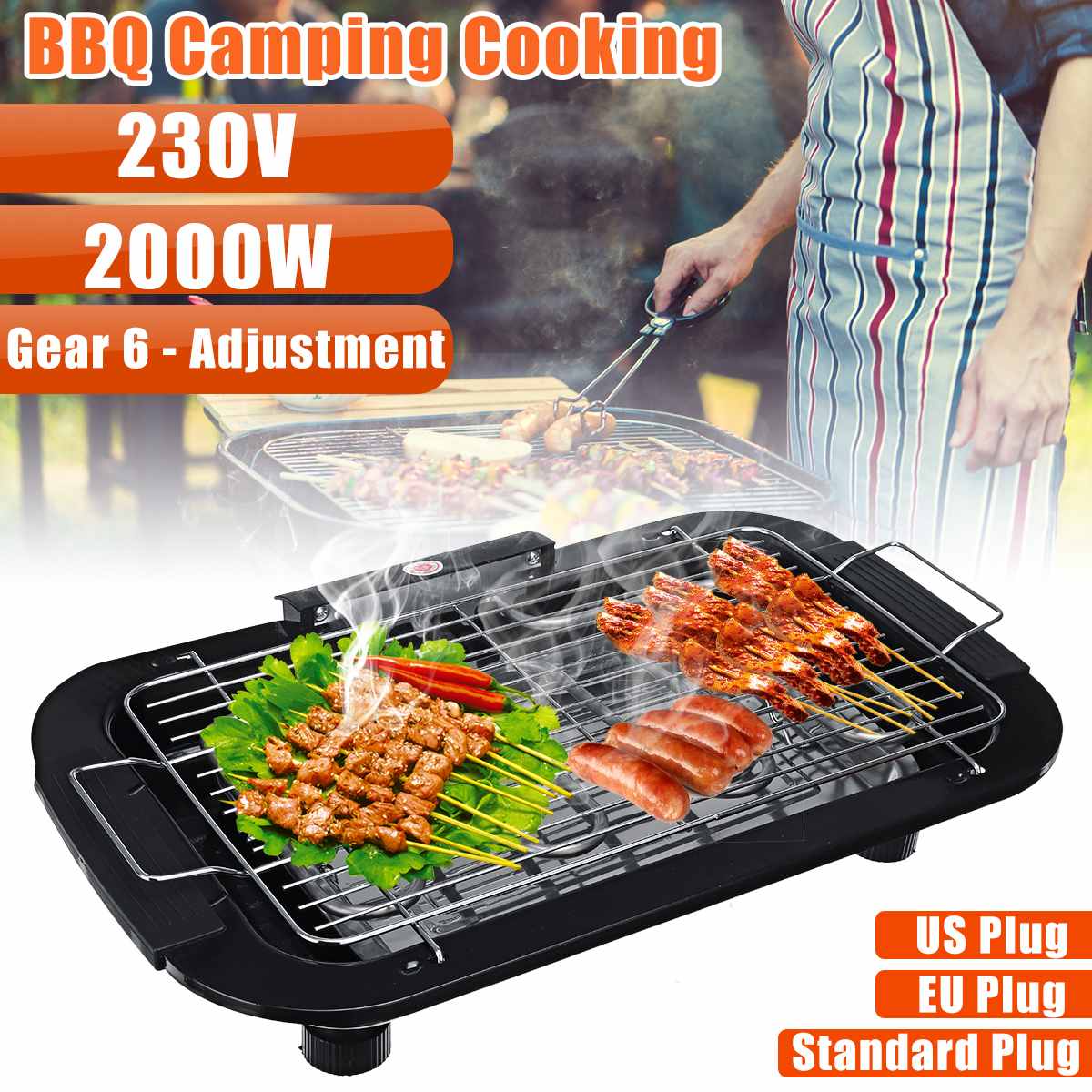 2000W Electric BBQ Grill Smokeless Barbecue Machine Household Indoor 5-Level Temperature Table Top Smokeless Tool for Camping